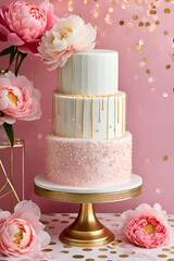 Wall Mural - wedding cake with pink peonies 