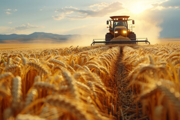 Poster - A farmer harvesting crops in a golden field, symbolizing hard work. Concept of agriculture and sustainability. Generative Ai.