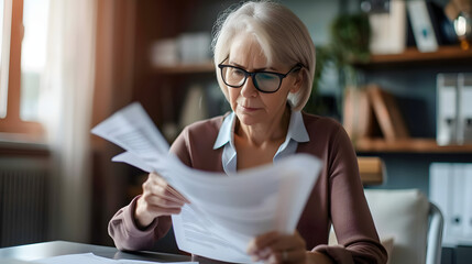 Wall Mural - Focused middle aged businesswoman manager employee entrepreneur reading paper documents, analyzing financial report, reviewing economic data, considering problem solution alone at modern home office.