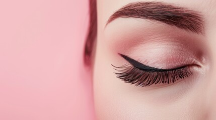 Wall Mural - Minimal beauty representation with pink background fake lashes and mascara