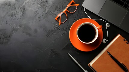 Wall Mural - Desk arrangement with a laptop eyeglasses earphones pen and a coffee cup Top view with space for text