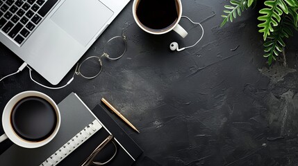 Wall Mural - Desk arrangement with a laptop eyeglasses earphones pen and a coffee cup Top view with space for text