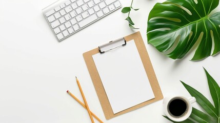 Wall Mural - Flat lay top view of an office table desk featuring a blank clipboard keyboard office supplies pencil green leaf and coffee cup on a white background