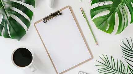 Wall Mural - Flat lay top view of an office table desk featuring a blank clipboard keyboard office supplies pencil green leaf and coffee cup on a white background