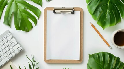 Wall Mural - Flat lay top view of an office table desk featuring a blank clipboard keyboard office supplies pencil green leaf and coffee cup on a white background