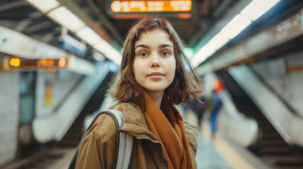 Young woman in subway station, casual traveler waiting for train