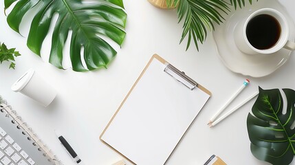 Wall Mural - Flat lay top view of an office table desk featuring a blank clipboard keyboard office supplies pencil green leaf and coffee cup on a white background