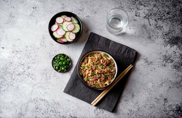 Wall Mural - Ground meat spicy ramen noodles in a bowl