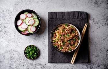 Wall Mural - Ground meat spicy ramen noodles in a bowl