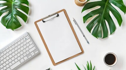 Wall Mural - Flat lay top view of an office table desk featuring a blank clipboard keyboard office supplies pencil green leaf and coffee cup on a white background