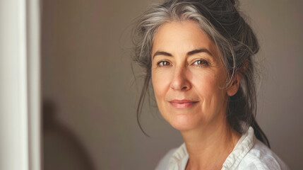 Wall Mural - Portrait of a Mature Woman with Gray Hair and Warm Smile, Looking Confident and Serene