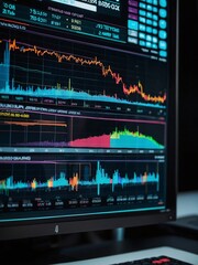 Wall Mural - Monitor screen showing digital analytics and financial schedule in perspective