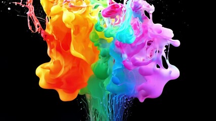 Poster - Colorful ink droplets explode in a vibrant splash against a black background.