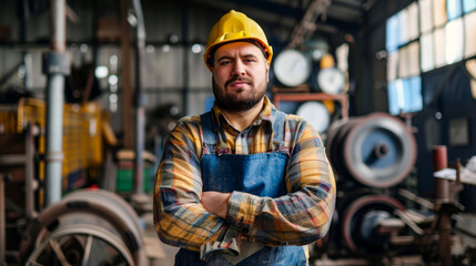 Wall Mural - Confident factory worker in hard hat and overalls standing in workshop