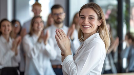 smiling business woman in a white shirt and men clapping at the meeting