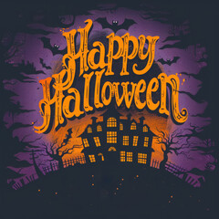 Wall Mural - Happy Halloween Vector Illustration. Hand Lettered Text with Haunted House, Trees and Bats on a purple background.
