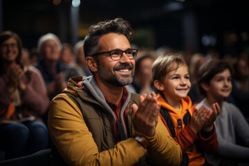 Sticker - A dad cheering on his child at a spelling bee competition, applauding their efforts regardless of the outcome. Concept of parental pride and unconditional support. Generative Ai.