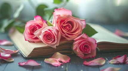 Wall Mural - Selective focus on roses with high key effect in book