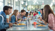 © Наталья Евтехова - A telephoto angle photo of students enjoying a school lunch break in the cafeteria, capturing social interactions and community, with copy space