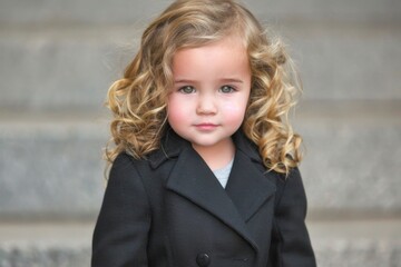 Wall Mural - A young girl with long, curly blonde hair stares intently at the camera, wearing a black coat