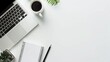 © Khalida - Office desk with a white table featuring a blank notebook computer supplies and a coffee cup Top view with space for text Flat lay composition