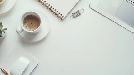 Wall Mural - Office desk with a white table featuring a blank notebook computer supplies and a coffee cup Top view with space for text Flat lay composition