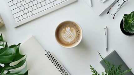 Wall Mural - Office desk with a white table featuring a blank notebook computer supplies and a coffee cup Top view with space for text Flat lay composition
