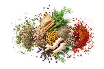 Poster - Close-up shot of various spices and herbs arranged on a clean white background, ideal for use in cooking or food-related context