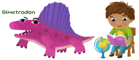 cartoon happy and funny colorful prehistoric dinosaur dino dimetrodon isolated illustration with child pointing on animal and reading learing school book of natural history