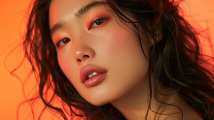 Canvas Print - Close Up Portrait of a Young Woman With Wet Hair Against an Orange Background