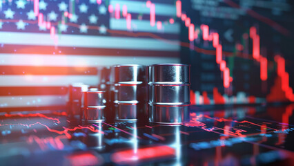 Wall Mural - Oil  Barrels Resting on a Stock Chart With a American Flag