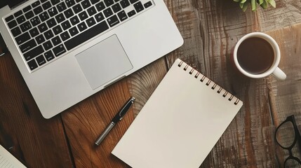 Wall Mural - Work from home concept Office desk setup with a laptop blank notepad coffee cup and pen on a wooden table Top view with copy space in a flat lay style