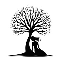 Wall Mural - Minimalist tree woman silhouette logo on white background