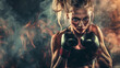 © Roman - A determined female boxer with smoky background.