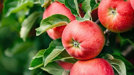 Wall Mural - Fuji Apple trees in the garden ready to be harvested apple orchard picking isolated freshness red apple new raw fuji white leaf harvest ripe red agriculture green healthy nature