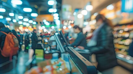 Blurred image a busy cashier with line of crowd people at self check out counter of store grocery Customers paying with credit card to auto machines Cashier register computer payment terminal