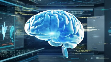 Poster - A 3D rendering of a human brain, rendered in shades of blue, sits in front of computer monitors displaying futuristic technology.