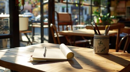 Sticker - A sketchbook on a cafe table with a rolled paper symbolizing creativity