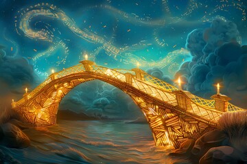 Wall Mural - A majestic bridge made of interlocking glowing books, spanning a river of illuminated text, the sky above filled with swirling clouds of words