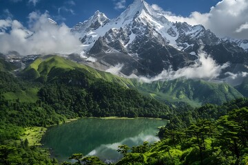 Wall Mural - A majestic mountain range, snow-capped peaks, a crystal-clear lake at the base, lush greenery surrounding, clouds drifting by