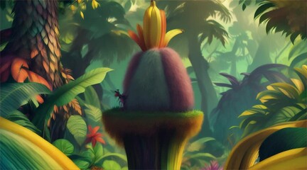 Wall Mural - Cartoon character exploring a lush jungle, clinging to a bunch of bananas