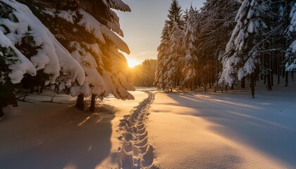 Sticker - tranquil winter wonderland snow covered forest path at sunset with golden light shadows and serene beauty in nature serene winter wonderland snow covered forest path at sunset