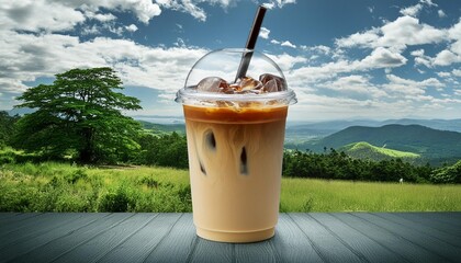 Wall Mural - iced takeaway coffee latte in plastic take away or to go cup isolated on transparent background