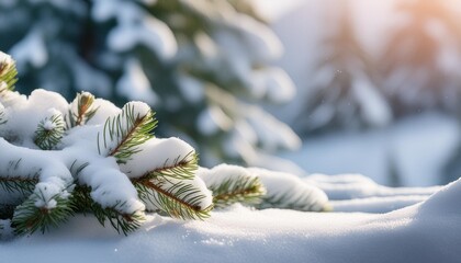 Wall Mural - winter christmas background with snowy pine branches and snow heap