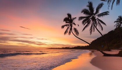 Sticker - tropical ocean beach with coconut palm trees silhouettes at dusk after colorful sunset