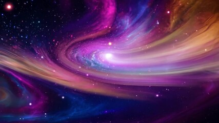 Poster - A vibrant nebula swirls with vibrant hues of pink, blue, and yellow against a backdrop of a dark starry sky.