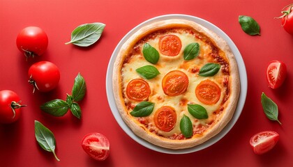 Wall Mural - pizza with tomatoes and cheese on a red background top view wallpaper art illustration