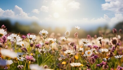 Canvas Print - hello summer background beautiful wildflower meadow with sunbeams and bokeh lights against blue sky summer season greeting card