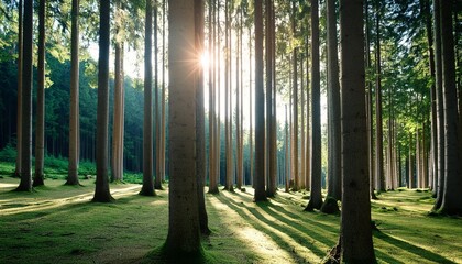 Wall Mural - straight trees in forest and sun light in summer