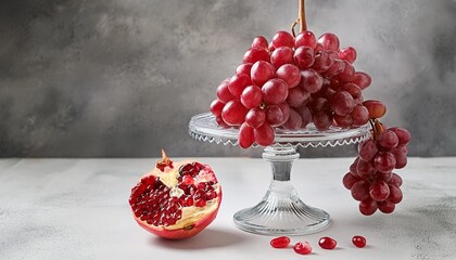 Wall Mural - red grapes on glass pedestal with pomegranate on textured grey surface